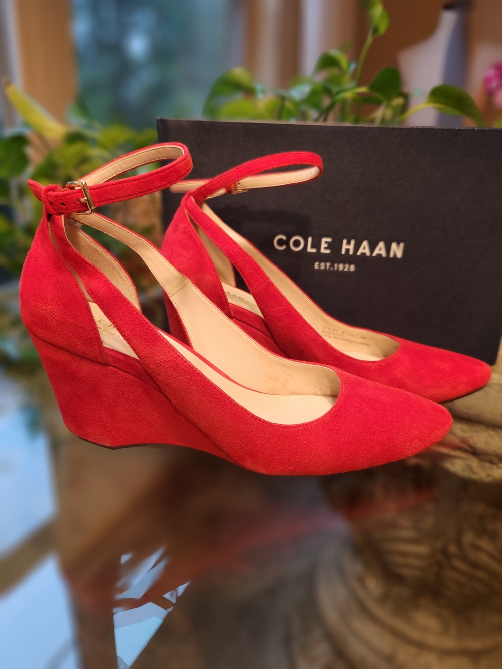 Cole Haan Lacey Cutout Wedge Pump Cardinal Red Suede Ankle Strap Women Size 7.5
